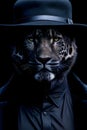 AI generated illustration of a portrait of a leopard wearing a black hat and suit