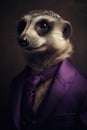 AI generated illustration of a portrait of a meerkat in a purple suit Royalty Free Stock Photo