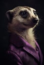 AI generated illustration of a portrait of a meerkat in a purple suit Royalty Free Stock Photo