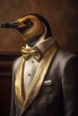 AI generated illustration of a portrait of a penguin in a silver suit