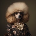 AI generated illustration of a portrait of a poodle wearing a dress