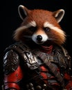 the red panda is dressed in armour and a bow, Royalty Free Stock Photo