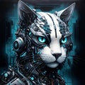 AI generated illustration of a portrait of a robotic cat wearing headphones