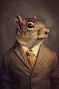 AI generated illustration of a portrait of a squirrel in a brown suit