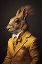 AI generated illustration of a portrait of a squirrel in a yellow suit
