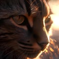 AI generated illustration of a portrait of a tabby cat against warm light