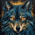 AI generated illustration of a portrait of a wolf with glowing eyes