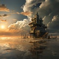 AI generated illustration of a post-apocalyptic building on a rocky cliff in a churning ocean Royalty Free Stock Photo