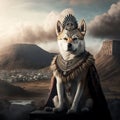 AI generated illustration of an akita Inu king dog in royal attire with mountains in the background