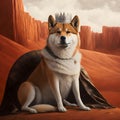 AI generated illustration of an akita Inu king dog in royal attire with mountains in the background
