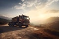AI generated illustration of a powerful cargo truck on a rural road at sunset Royalty Free Stock Photo