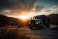 AI generated illustration of a powerful cargo truck on a rural road at sunset Royalty Free Stock Photo