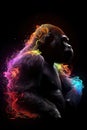 AI generated illustration of a powerful gorilla with a dramatic colorful foggy backdrop