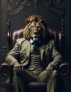 AI generated illustration of a powerful, majestic lion sitting in a luxurious, leather armchair