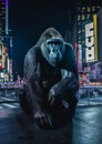 AI generated illustration of a silverback gorilla illuminated by lights of a city in the background