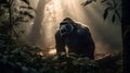 AI generated illustration of a powerful silverback gorilla in a lush, verdant forest at sunset