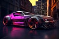 AI-generated illustration of a powerful sports car in a bright neon pink color parked on a street Royalty Free Stock Photo