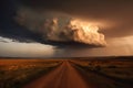 AI generated illustration of a powerful storm cloud moves across a desolate landscape