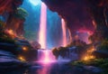 AI generated illustration of a powerful waterfall cascading down into a secluded cave
