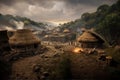 Prehistoric human settlement with people living there, AI generated illustration