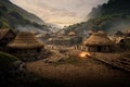 Prehistoric human settlement with people living there, AI generated illustration