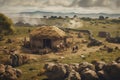 Prehistoric human settlement with people living there, AI generated illustration