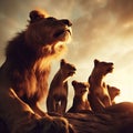 AI generated illustration of a pride of lions in a savannah at golden hour Royalty Free Stock Photo
