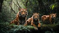 AI-generated illustration of pride of tigers lounging on a rock in a lush wooded area