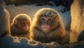 AI generated illustration of primates sitting in the snow on a sunny day