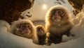 AI generated illustration of primates sitting in the snow on a sunny day