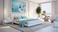 AI generated illustration of a pristine bedroom design with white walls and blue accents Royalty Free Stock Photo