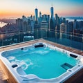 A private rooftop terrace with a a hot tub and breathtaking city skyline views Made With Generative AI illustration