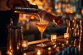 a bartender mixes an alcohol cocktail at the bar counter with candles