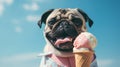 AI generated illustration of a pug eating ice cream Royalty Free Stock Photo