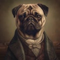 AI generated illustration of a Pugg dog donning a sophisticated Victorian 1800s Style suit.