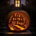 AI generated illustration of a pumpkin with intricate and spooky carvings illuminated in a dark