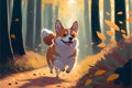 AI-generated illustration of a puppy running in the woods in autumn. Royalty Free Stock Photo