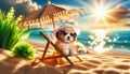 the puppy is sitting in his chair on the beach under an umbrella Royalty Free Stock Photo