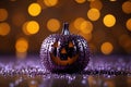 AI generated illustration of a purple glittered pumpkin in front of a bokeh background