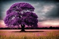 AI generated illustration of a purple tree in a serene field at sunset against a clouded ksy