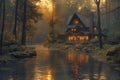 AI generated illustration of a quaint cabin by a creek at sunset in a wooded area
