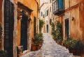 AI generated illustration of a quaint cobblestone street in a picturesque Italian village