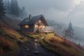 AI generated illustration of a quaint house on the edge of a picturesque mountain valley