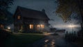 AI generated illustration of a quaint house on the side of a dimly-lit road under a cloudy night sky