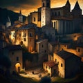 AI generated illustration of a quaint village with a tall clock tower in an ancient town