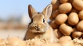 AI generated illustration of a rabbit with brown markings perched atop a pile of hay bales
