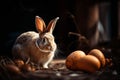 AI generated illustration of a rabbit looking at a collection of Easter eggs nearby Royalty Free Stock Photo