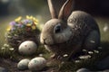 AI generated illustration of a rabbit in a lush grassy area surrounded by colorful Easter eggs