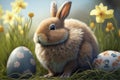 AI generated illustration of a rabbit in a lush grassy area surrounded by colorful Easter eggs