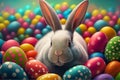 AI generated illustration of a rabbit in a lush grassy area surrounded by colorful Easter eggs